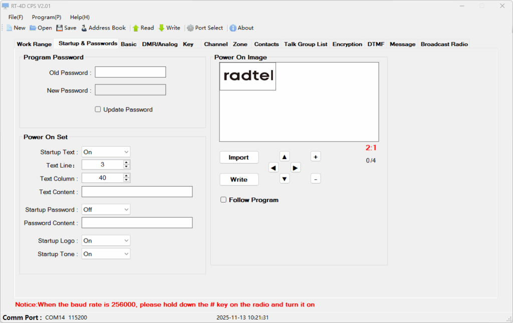 RT-4D CPS V2.01 の「Startup & Passwords」